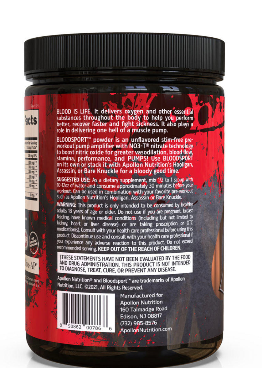 APOLON NUTRITION BAREKNUCKLE BLOODSPORT - POLVO PARA BOMBEO DE SANGRE EXTREMO CON NITRATOS